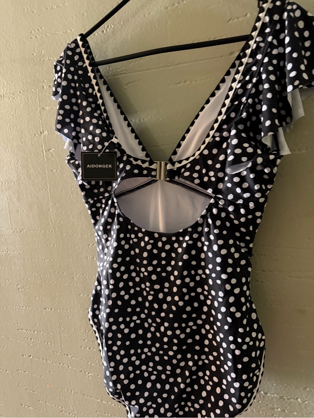 Polka Dot Ruffle Sleeve One-Piece Swimsuit — Black & White - Picture 2 of 7